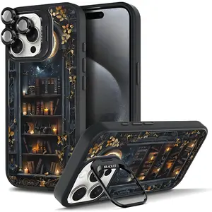 Creative Retro Floral Bookshelf Pattern Phone Case For iphone 17 AIR 16 15 14 13 12 11 PRO PLUS MAX COOL Fashionable Tough Magnetic Durable Metal lens frame Film Bracket Stand Gift Full Protection Camera Holder Phone Cases Cover 11X-L0286