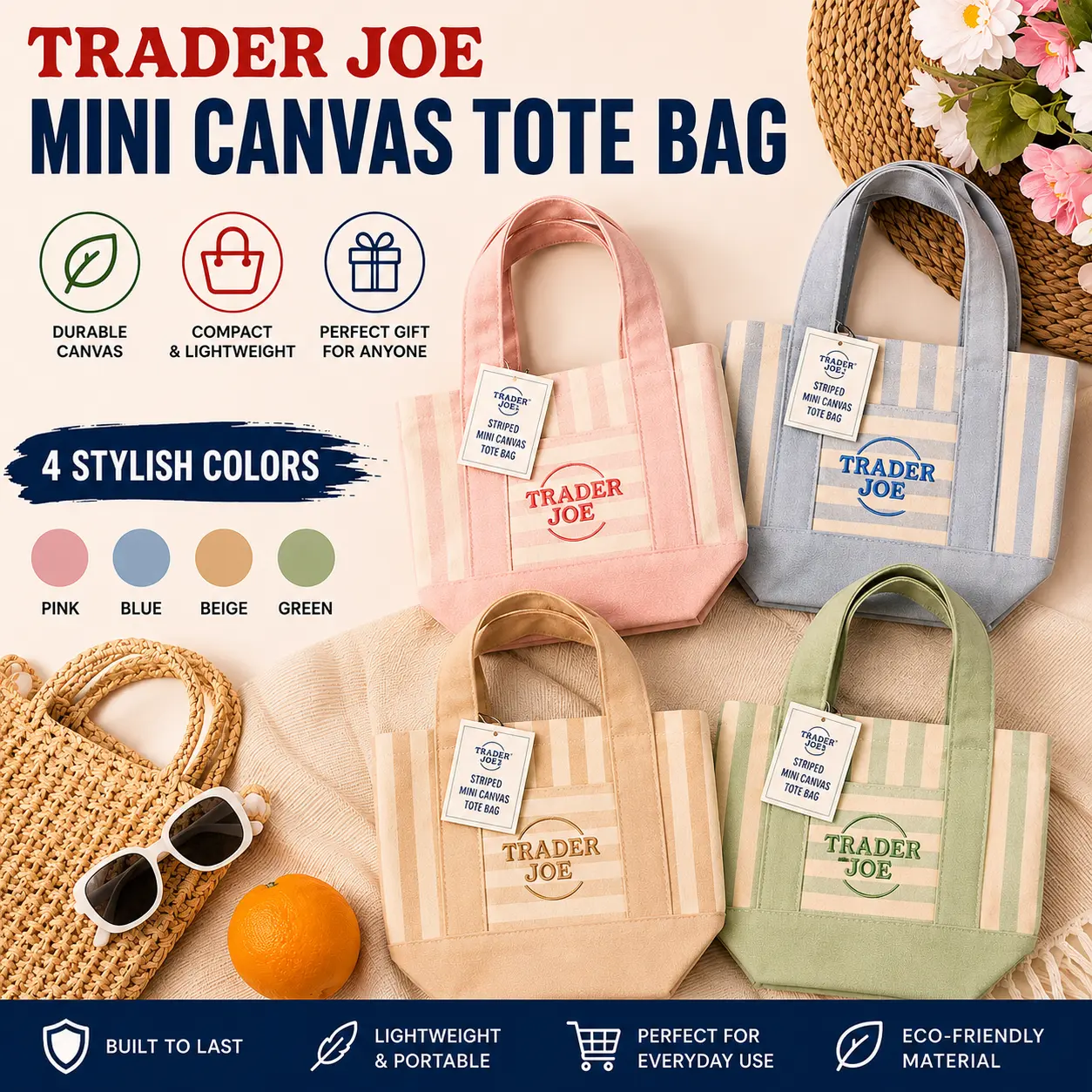 Striped Canvas Tote Bag in 4 Pastel Colors, Trader Joe's Inspired Reusable Handbag with Front Pocket for Shopping, School & Beach, Tote Bags