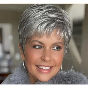 #Easter wig #Gift #Spring wig Lace Front Brazilian Hair Wig  Remy Human Hair Wig - 6inch Short Straight Layered Gray No Glue Wig, 150% Density, Rose Net Cap| Natural appearance suitable for parties and Mother's Day Straight Lace Front Grey Bobwoman girl