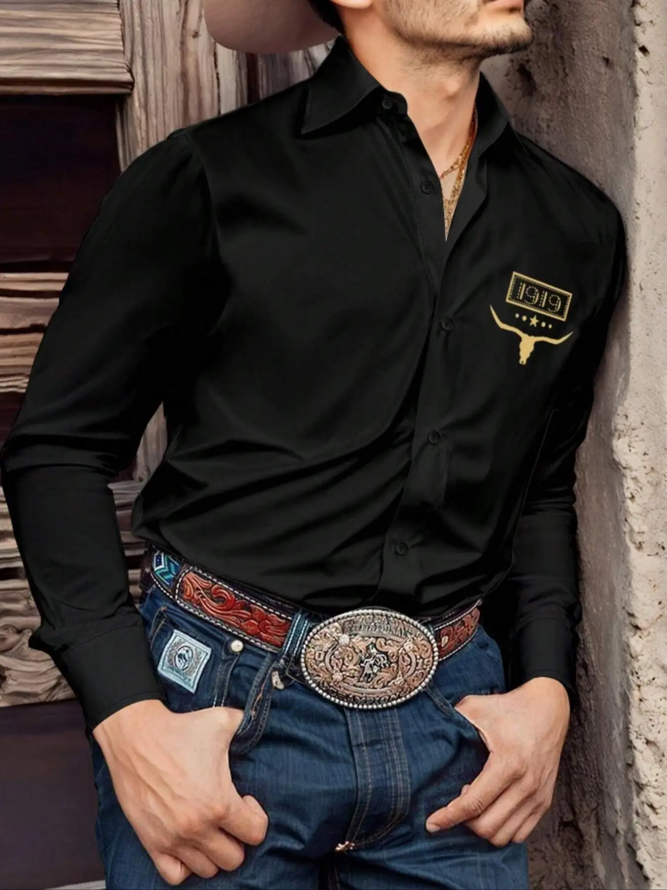 Men's Regular Fit Cowboy & Bull Head Print Black Long Sleeve Shirt, Casual Comfy Button Front Collared Top for Business Work Office, Menswear for All