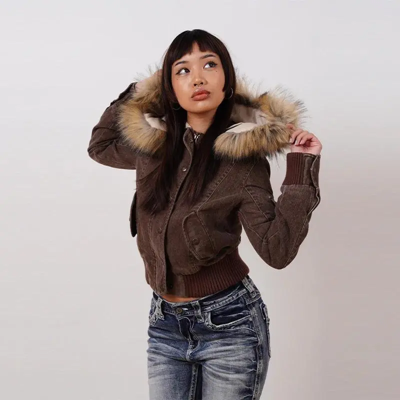 Vintage Brown Short Hooded Jacket Women's Full Sleeve Slim Detachable Fur Collar 2026 NEW Winter  Autumn Female Outerwear Can be used with a raincoat