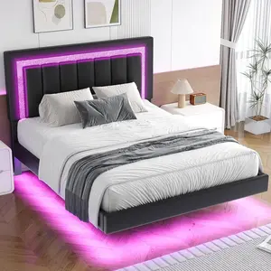 HOMBCK Floating Bed Frame with Smart LED Lights, Faux Leather Upholstered Bed Frame with Diamond Headboard, No Box Spring Needed, Noise Free, Easy Assembly