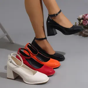 Women's sandals, women's high heels, square toe thick heel, one ankle buckle closure, simple and elegant style, shiny synthetic leather upper, comfortable lining, suitable for daily travel, work, local warehouse