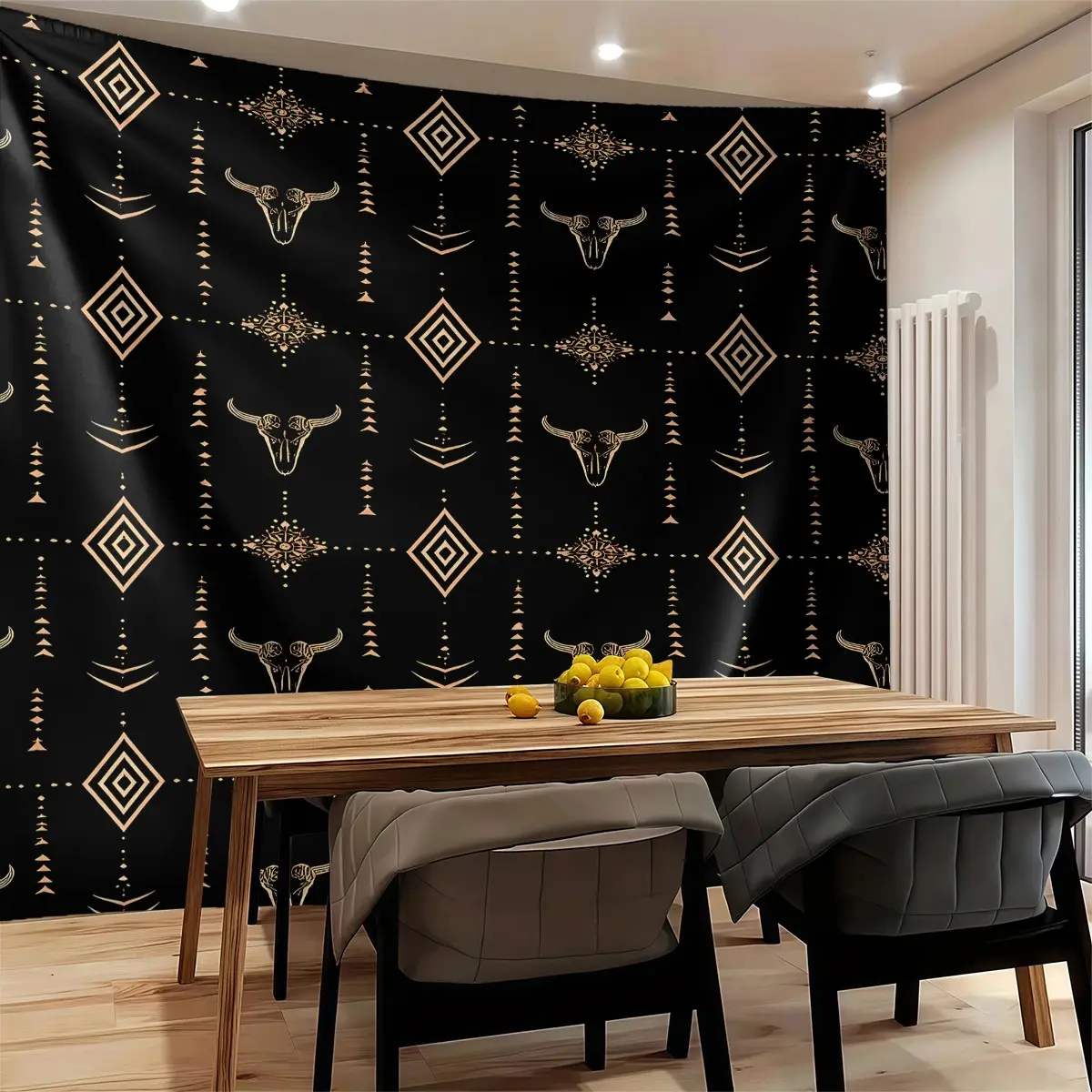 Luxury Western Longhorn Skull Tapestry, Boho Aztec Wall Hanging, Tapestry Wall Mural, Black Gold Cow Skull Tapestries, Wall Blanket, Decoration, Rustic Backdrop Decor for Western Style Home Decor