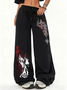 Black Oversized Wide-Leg Angel Gothic Print Joggers - Red & White Y2K Streetwear Sweatpants