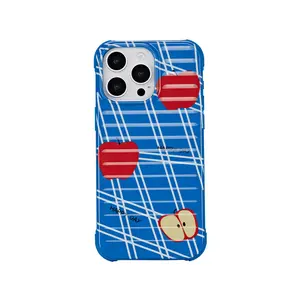 Apple Orchard The Explorer Case for iPhone 15/16 Series Blue Plaid Design with Red Apple Motif Protective Cover