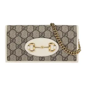 Gucci Horsebit 1955 Retro Gold Buckle Logo Chain Canvas and Leather Crossbody Bag for Women in Ebony and White