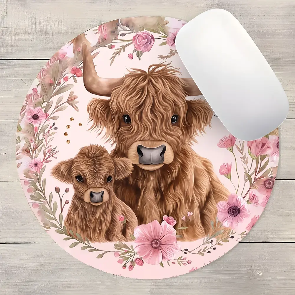 Bohemian Highland Cow Design Round Gaming Mouse Pad, Non Slip Mousepad, Non-Slip Rubber Edges, Small Size for Laptop & Desktop, Perfect Gift for Kids, Desk Accessories, Computer Mouse Pad
