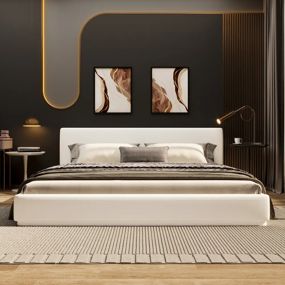 King-size bed with plush, comfortable upholstery. The headboard features a fully padded design, a premium slatted frame structure, and metal connectors integrated into a sturdy frame.
