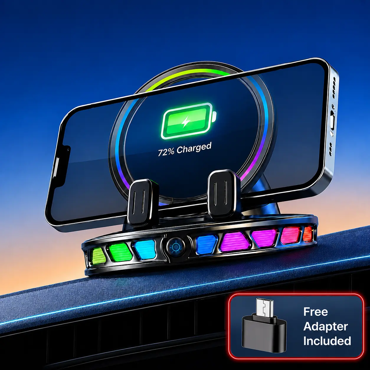 Magnetic Wireless Charging Car Phone Mount, 360° Rotating Auto-Lock Holder with RGB Ambient Light, Ultra Strong Vacuum Suction Dashboard Mount for iPhone & Android,Car Accessories for Girls