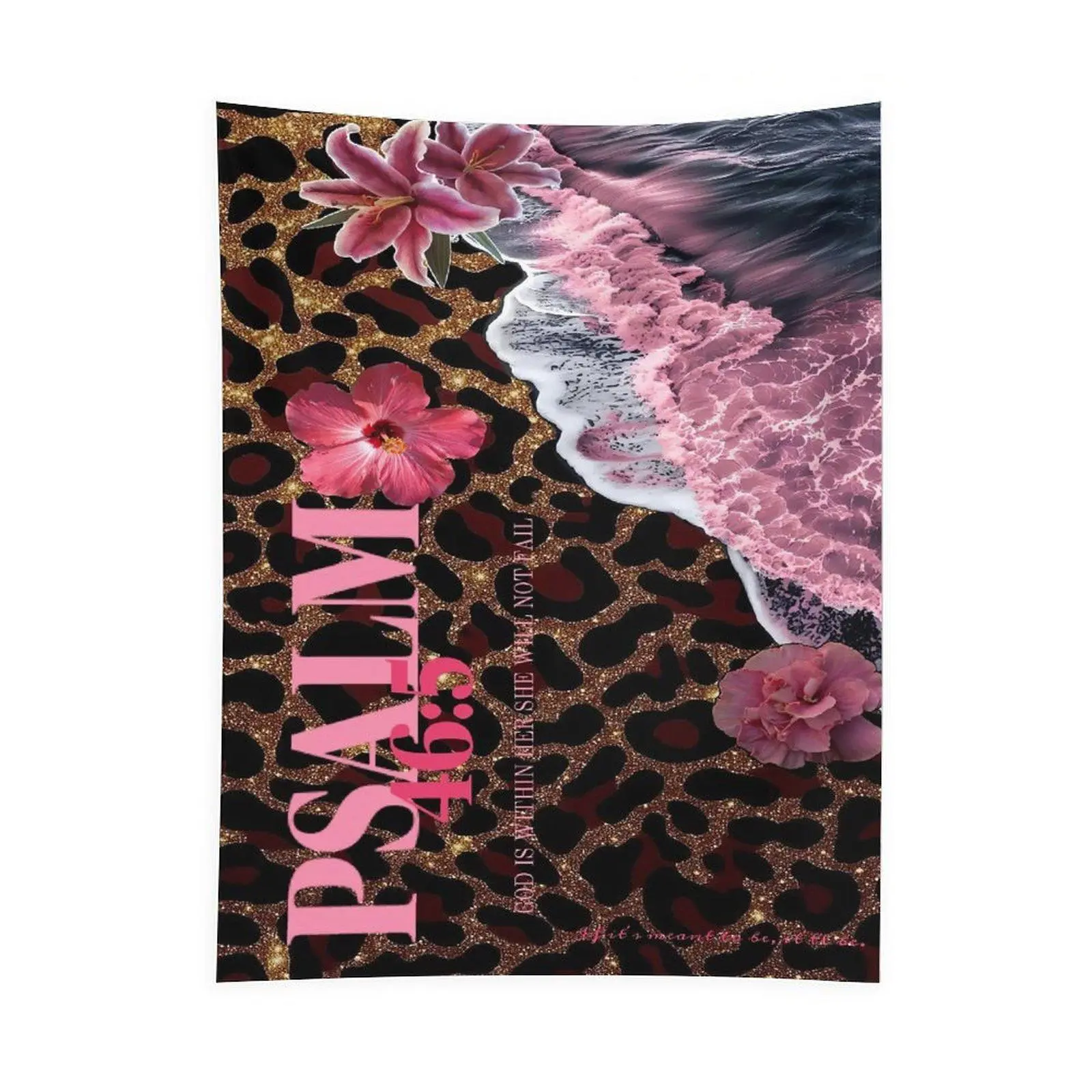 Christian Psalm 46:5 Tapestry Wall Hanging, Pink Floral Leopard Print Faith Design, Bible Verse Religious Room Decor