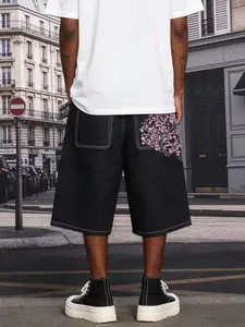 Retro Vintage distressed cherry blossom embroidered versatile denim shorts, American street style loose wide-leg versatile mid-length pants, Streetwear
