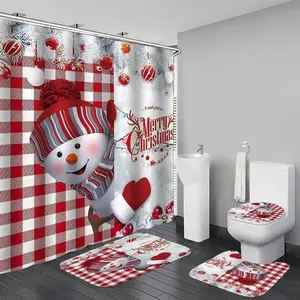 1/4pc Christmas Snowman Red and White Geometric Shower Curtain Set with Tree Design. Includes a bathroom mat, toilet seat cover, and U-shaped mat. Perfect for bathroom decoration, partitioning, and beautifying the space. Comes with 12 shower curtain hooks