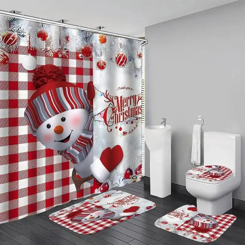 1/4pc Christmas Snowman Red and White Geometric Decorative Shower Curtain Set, Bathroom shower curtain sets, with Tree Design, includes bathroom mat, toilet seat cover, U-shaped mat, perfect for bathroom decoration, comes with 12 shower curtain hooks