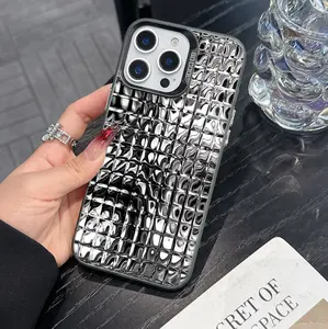 Silver Metallic Woven Grid Phone Case for iPhone 17/16/15/14/13 Pro Max, Shockproof Slim Hard Cover, 3D Reflective Mirror Aesthetic Protective Bumper Case for Men Women, Fashion Shiny Textured Case for Everyday Use