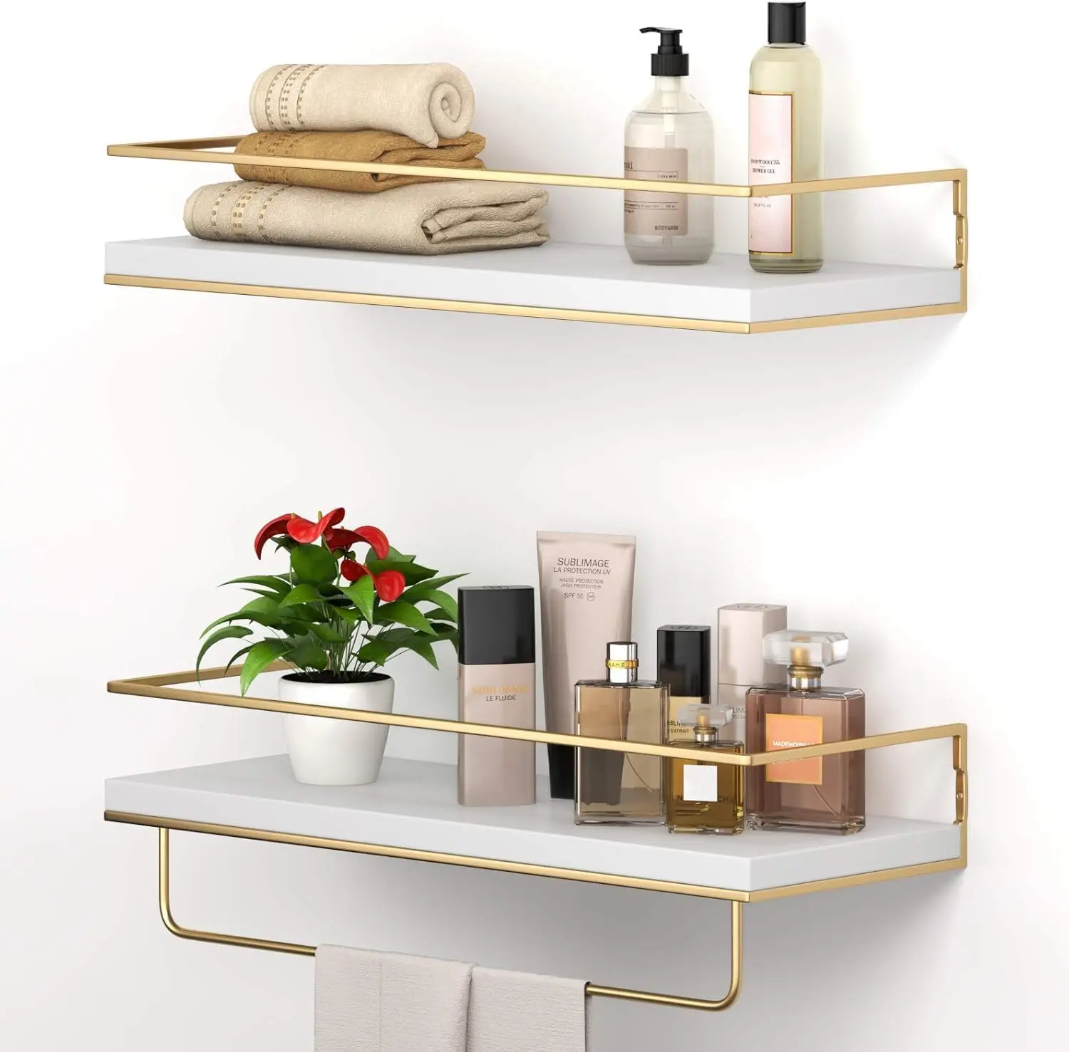 White Floating Shelves - Set of 2, Wall Mounted Hanging Shelves with Golden Towel Rack, Decorative Storage Shelves for Bathroom, Kitchen, Living Room & Bedroom (White Gold, 15.7 Inches) | Hanging Shelves