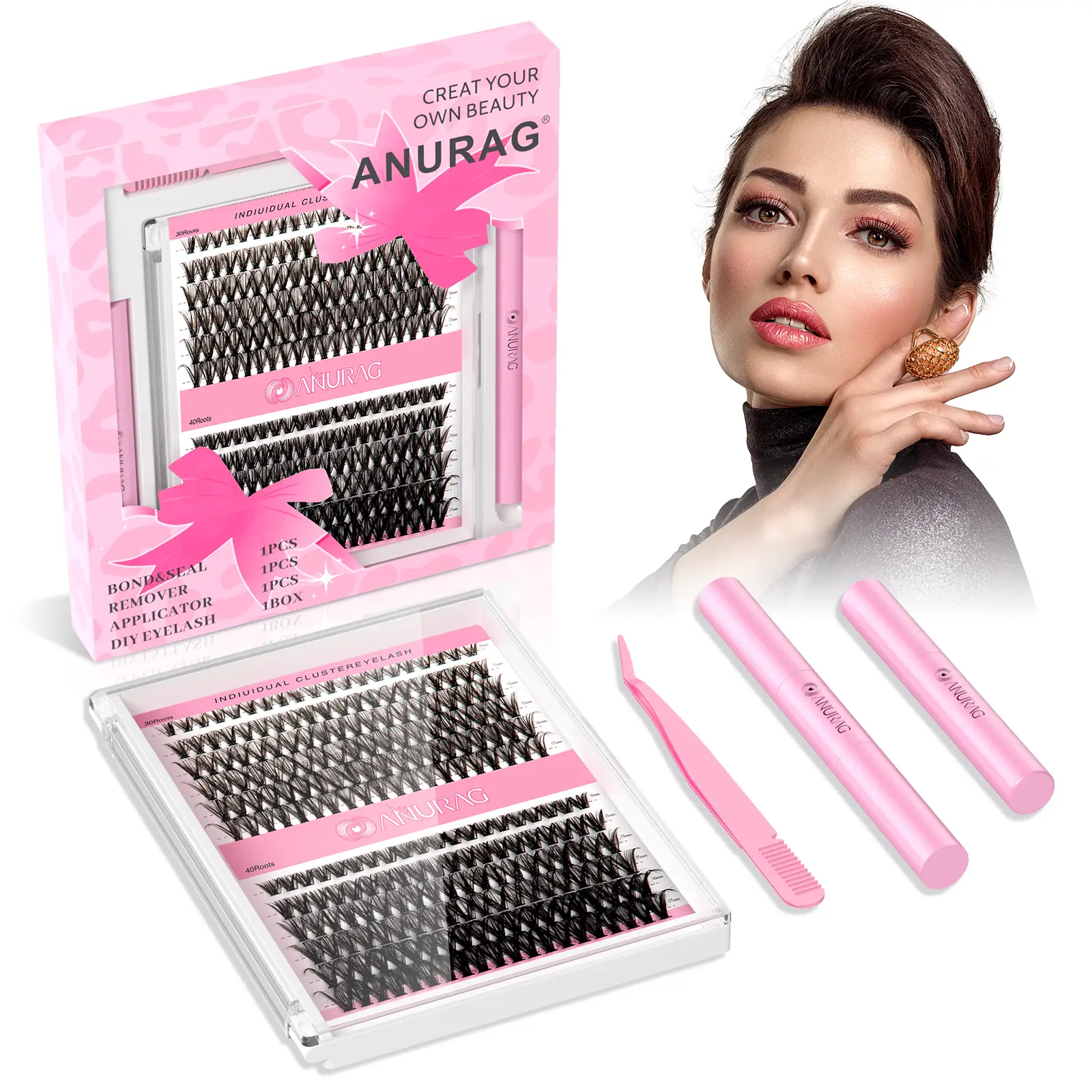 DIY Eyelash Extension Kit 24 Eyelash Set Kit Individual Eyelashes Natural 9-17mm Kit with Applicator Tools Inside: Eyelash Adhesive and Sealant and E