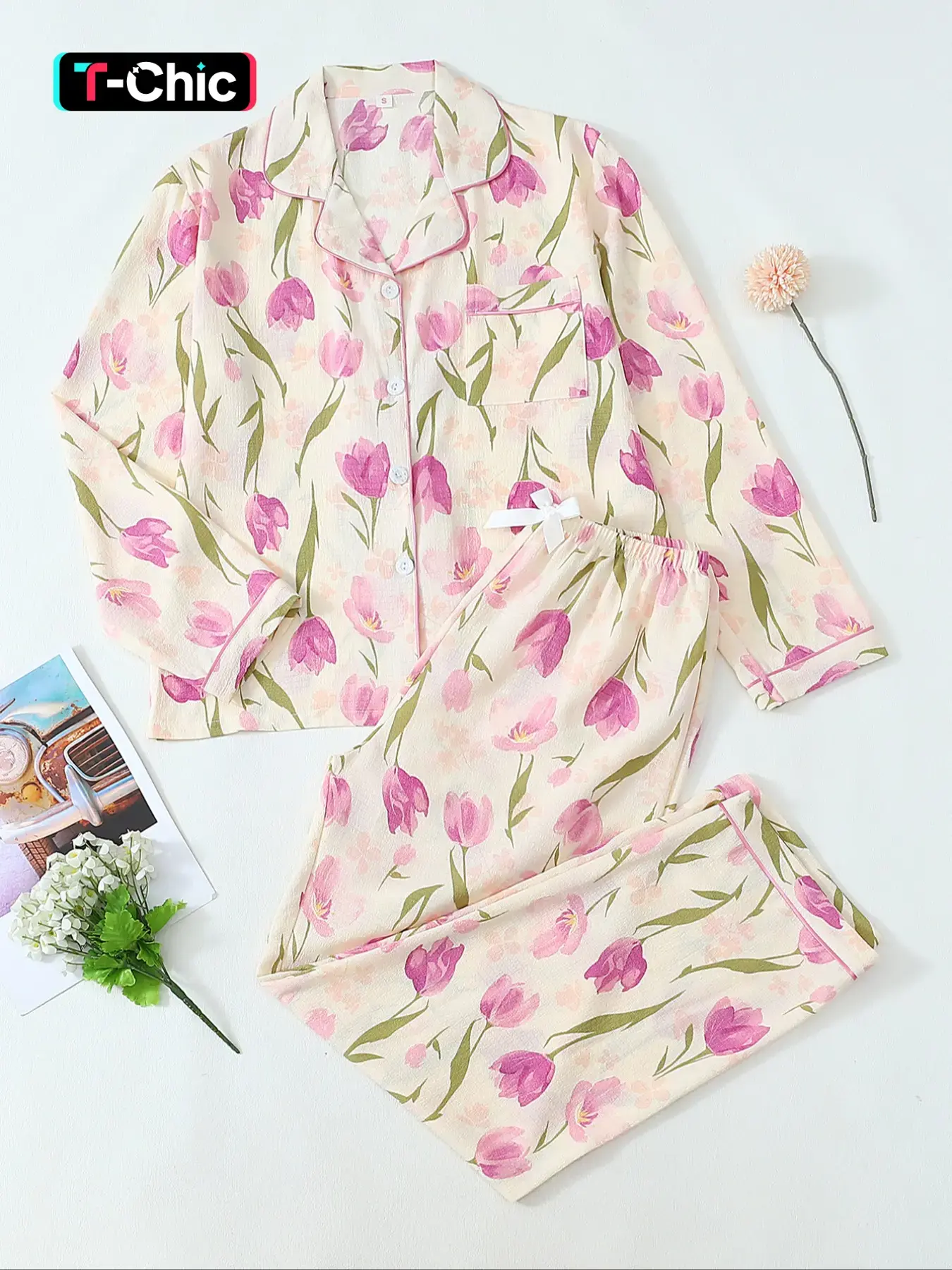 Women's Long Sleeve Pajama Set, Sweet Cute Tulip Floral Button Front Top and Pants, Casual Home Wear for Spring & Fall