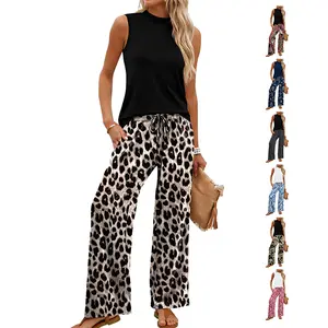 Two Piece Set for Women Summer Spring Outfits Cruise Travel Airport Beach Vacation Mock Neck Wide Leg Pants Set Womenswear