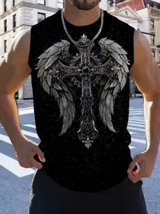 Men's Gothic Wing Cross 3D Printed Vest, Casual Fitted Sleeveless Top, Sleeveless Tank Top, All over Print, No Ca Prop 65 Warning, Menswear