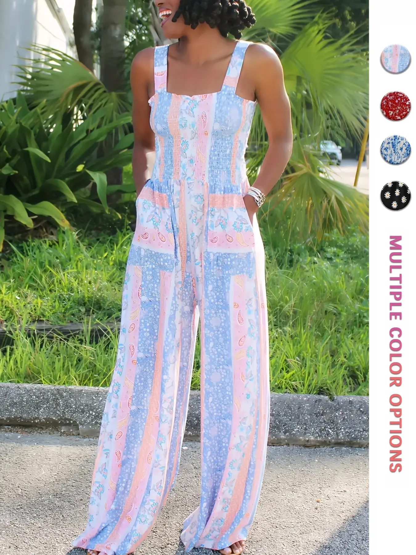 Spring Summer Vacation Boho Style Floral Print Sleeveless Jumpsuit, Soft Stretchy Wide Leg Casual Comfy Romper, Everyday Daily Casual Women's Womenswear