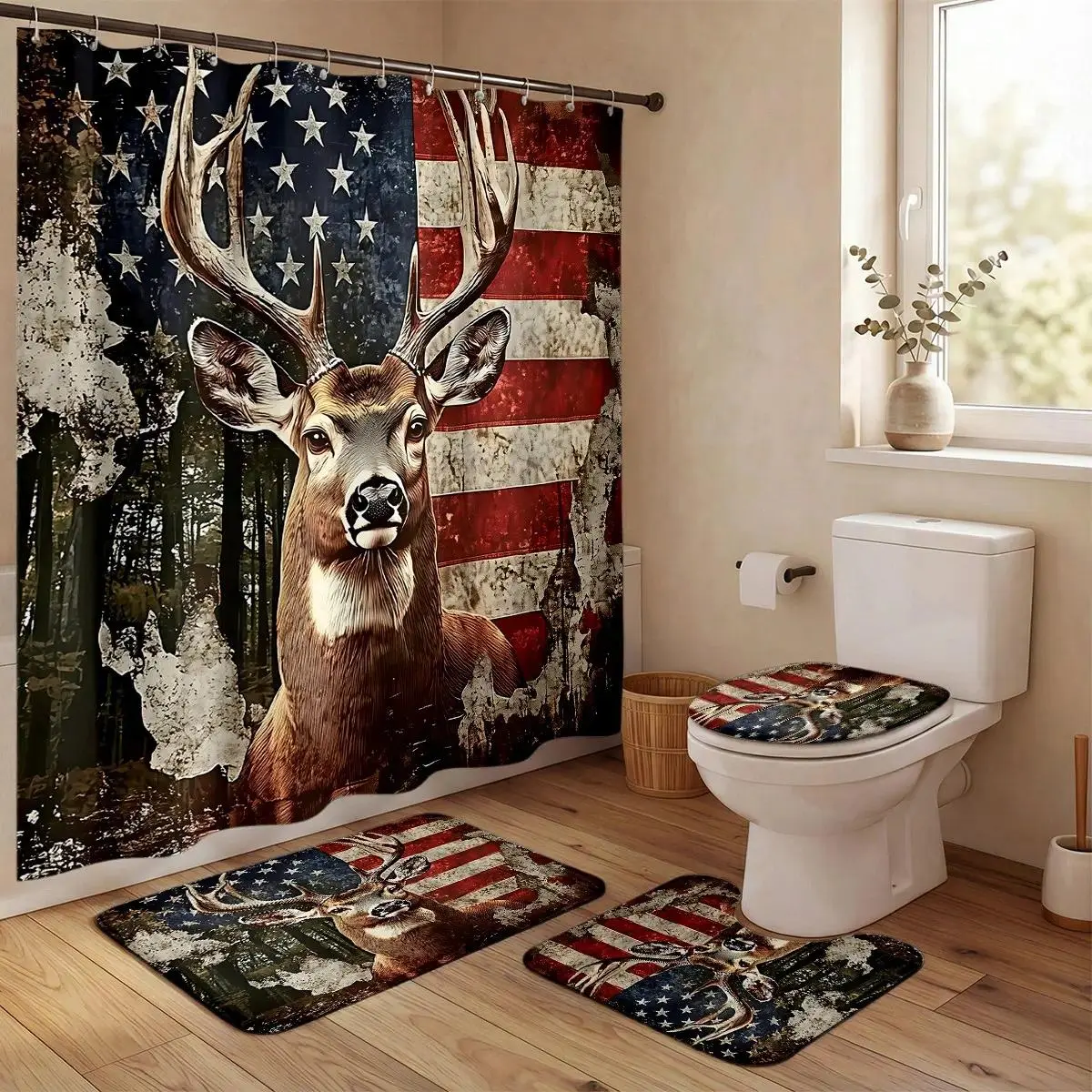 4pcs Vintage American Flag Deer Shower Curtain Set – Soft Thick Fabric with Rustic Wildlife Design, 4th of July Inspired Bathroom Decor, Bathroom Decoration Accessories, Extra Plush Bath Mats for Cozy Patriotic Ambiance, Bathroom Supplies