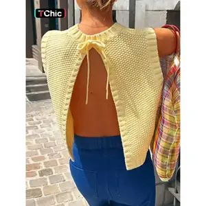 Women's Solid Split Tie Back Sweater Vest, Casual Round Neck Sleeveless Knit Top for Spring & Fall, Fashion Women's Knitwear for Daily WearRAIMENTRY