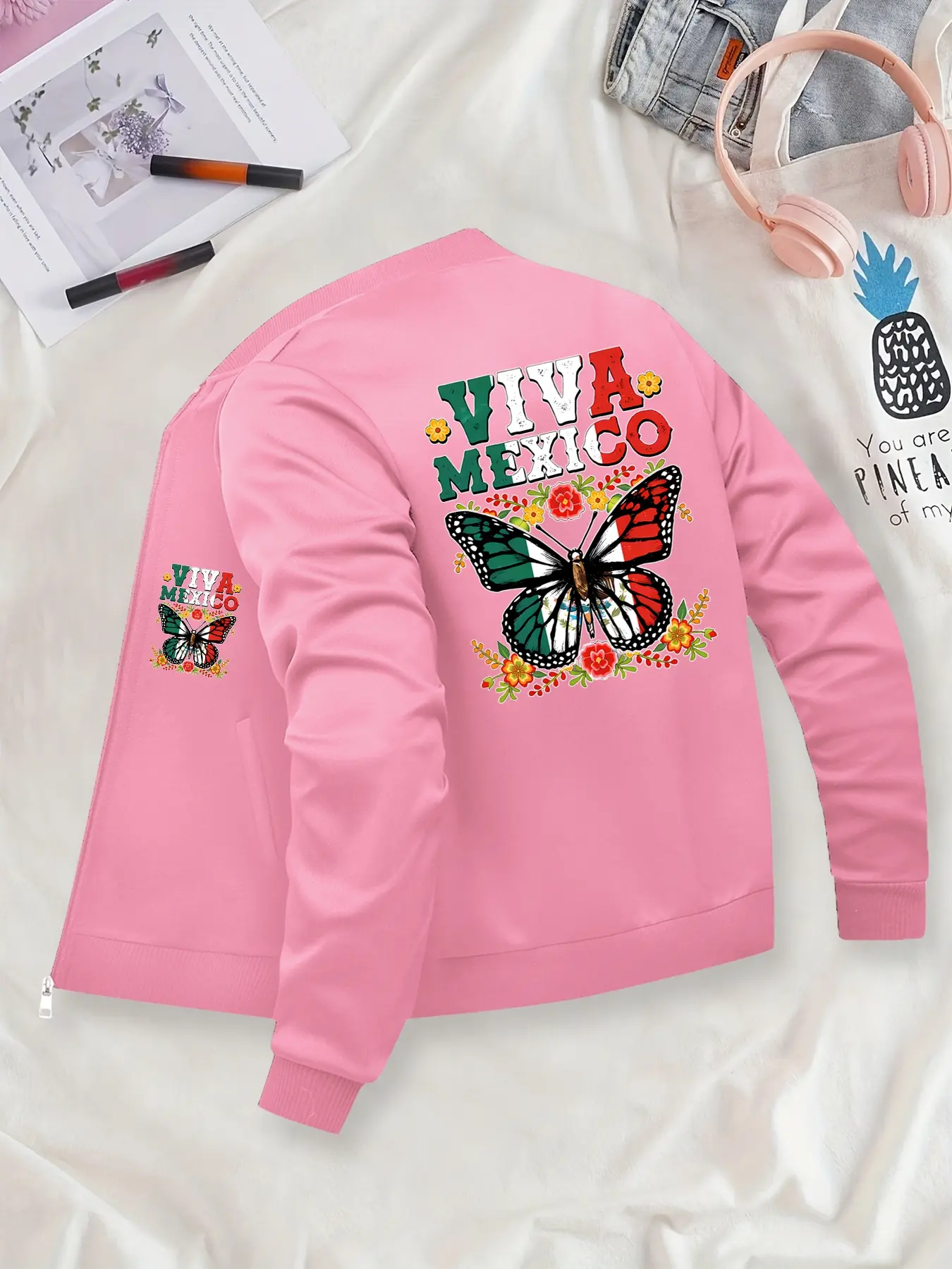 VIVA MEXICO Butterfly Floral Printed Jacket, Coats, Women, Fitted, Stretchy, Exquisite Printed Pocket Design, Casual Zipper Design, Comfortable Stretch Fabric, Formal Wear, Trendy Daily Wear & Outdoor Activities, Long Sleeve