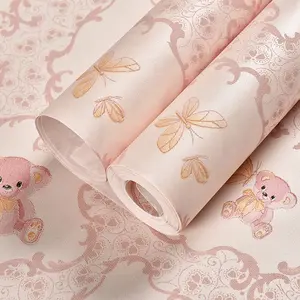 A roll of 3D self-adhesive cartoon bear wallpaper, Decorative Wallpaper, European-style pastoral cozy pink and cute blue, perfect for warm bedrooms, living rooms, and TV feature walls; easy to peel and stick for home decoration.