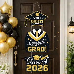 1 Set Graduation Party Door Hanging Decor, Black & Gold Paper Door Curtain With Graduation Cap & Gown Pattern, Can Be Used As Photo Backdrop Banner, Graduation Theme Backdrop, Party Decorations Banners, Graduation Party Supplies