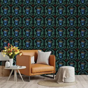 Dark Gothic Crown Skull Wallpaper, PVC Adhesive Backing, Easy Peel & Stick, Ideal for Kitchen, Living Room, Bedroom, Wall Decor