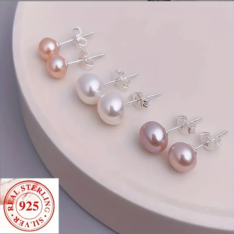 925 Sterling Silver Anti-Allergy Pearl Earrings - 3-Pair Set, 7-8mm Natural Freshwater Pearls, White/Pink/Purple Simple Style Jewelry for Daily Wear & Gift Giving, Christmas Accessory