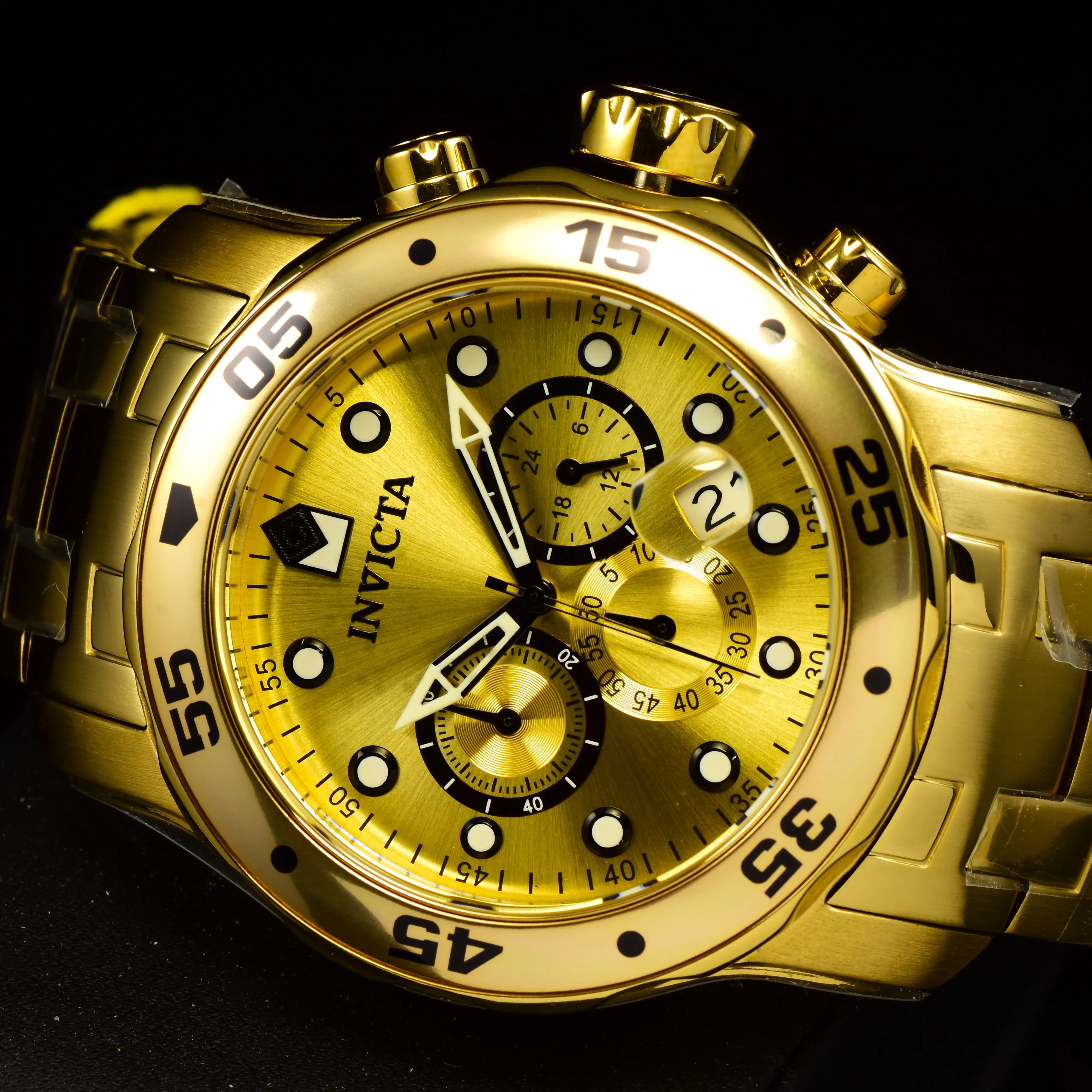 Invicta Men's 48mm PRO DIVER Scuba Chronograph Gold Dial 18K Gold Plated Waterproof Sport Watch