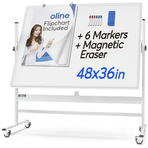 Oline Mobile Whiteboard 48 x 36 Inch Large Height Adjust 360° Magnetic Rolling Double Sided Reversible Dry Erase Board