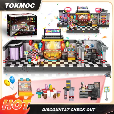 TOKMOC 1388 Pieces Five Nights Security Vulnerability Bear Stage Scene Building Block Set,Classic Halloween Game Stage Brick Set Block Toy,Collecting Building and Gifting Model for Game Fans, For Aged 12 and Above,Stress Relief Toy,66039