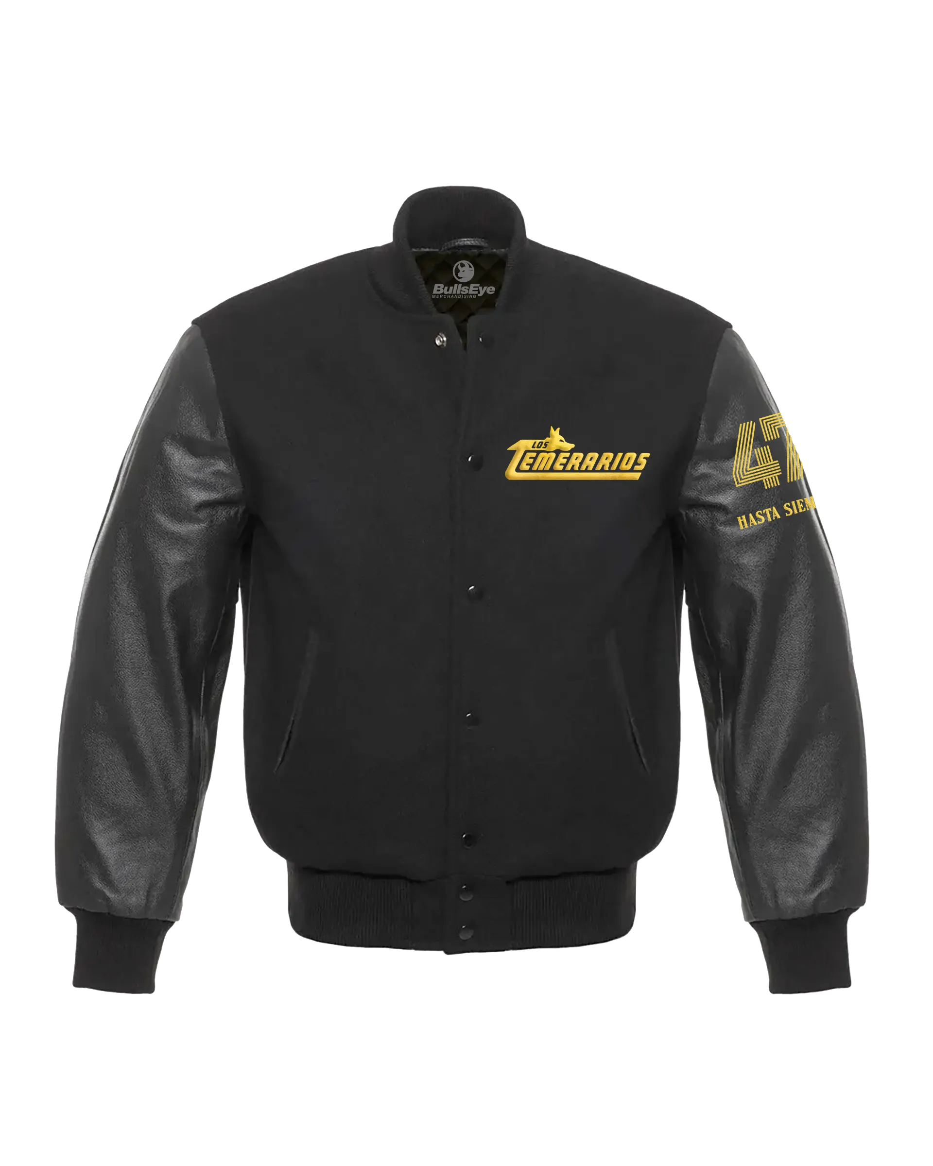 Los Temerarios Unisex Metallic Embroidery Leather Letterman Jacket, Men's Tops, Casual Outerwear