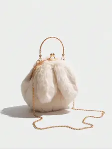 Women's Cute Plush Chain Strap Crossbody Bag, Fashionable Rabbit Ear Design Solid Shoulder Bag, Casual Trendy Versatile High-quality Daily Commuting Bag, Casual Commuter Bag