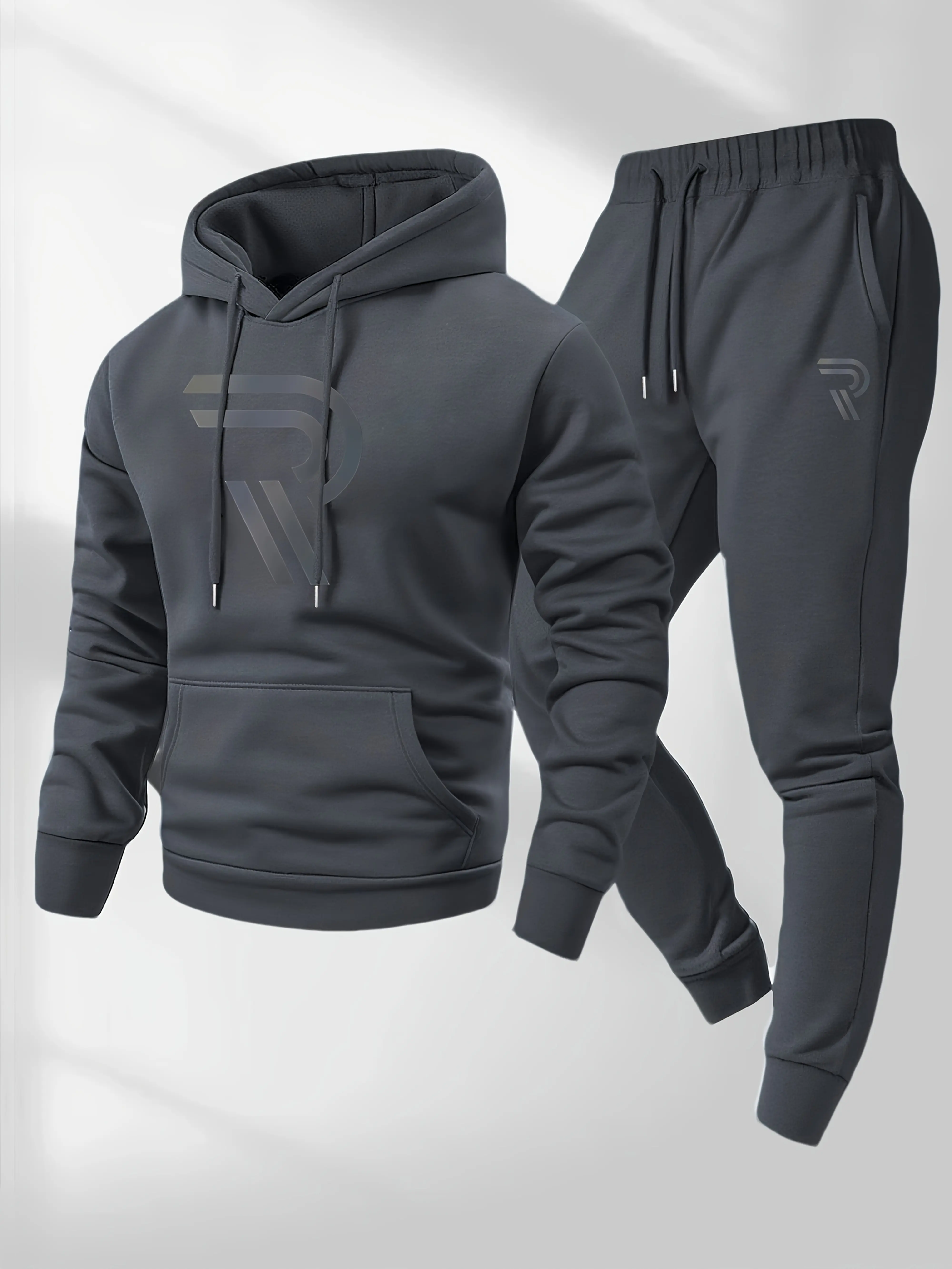 Men's sports two-piece hooded sweatshirt and pants set - gray with black logo, non stretch fabric, regular style, pocket, suitable for autumn and winter, casual wear | hooded sweatshirt | pocket pants,  hooded sweatshirt