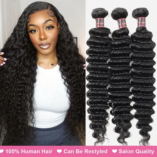 Uwigs Deep Wave Human Hair Extensions - Remy Deep Curly Bundles, Natural Color Thick Double Weft Curly Weave, Dyeable Restylable, 18/20/22/24 Inches, Human Hair Extension
