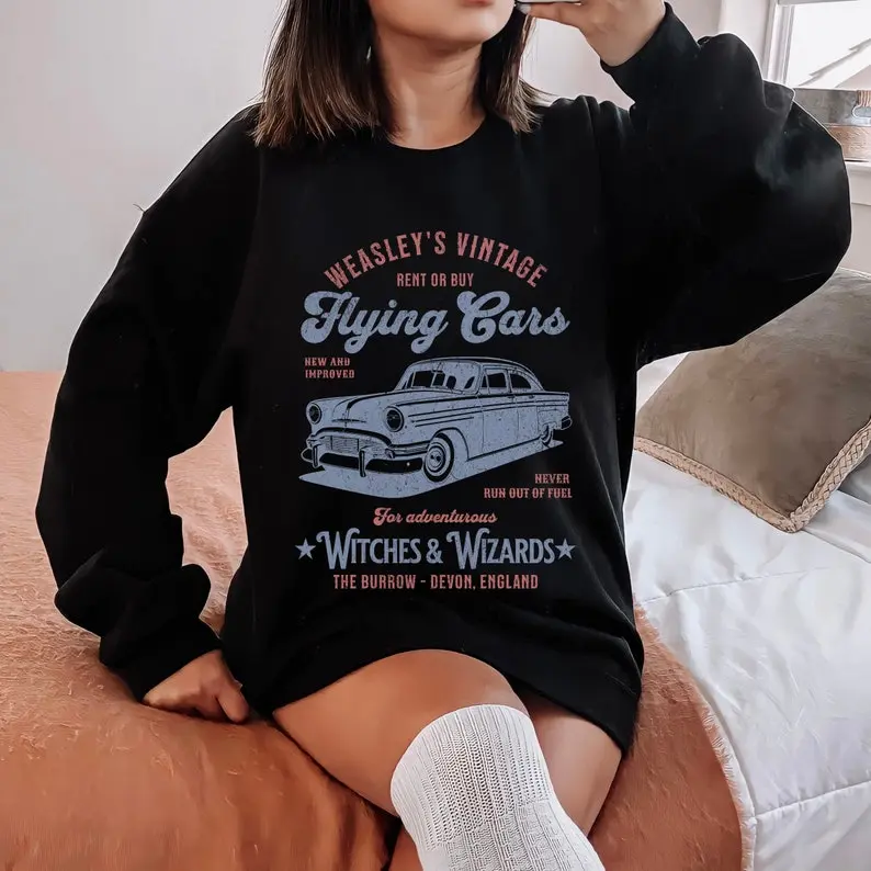 Weasley Flying Car Bookish Sweatshirt Hoodie, Vintage Weasley Sweatshirt, Book Merch Bookish Aesthetic HP Crewneck, Universal Book Lover Gift Cotton Womenswear
