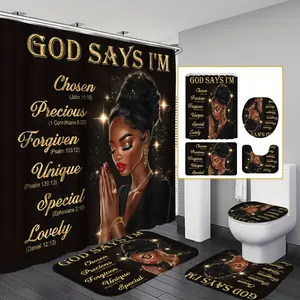 4pcs God Says I Am Shower Curtain Sets, African Women Prayer Shower with 12 Hooks, Non-Slip Bathroom Rug, Toilet U-Shape Mat, Toilet Lid Cover Pad, Christian Women Biblical Verses Bathroom Decor, Shower Sets for Bathrooms