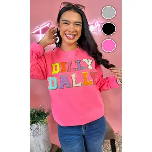 Women's Cotton Long-Sleeve Round-Neck Plush Chenille Graphic Hoodie Sweatshirt - Fitted Casual Loungewear Garment, 1-Piece Everyday Wear Top