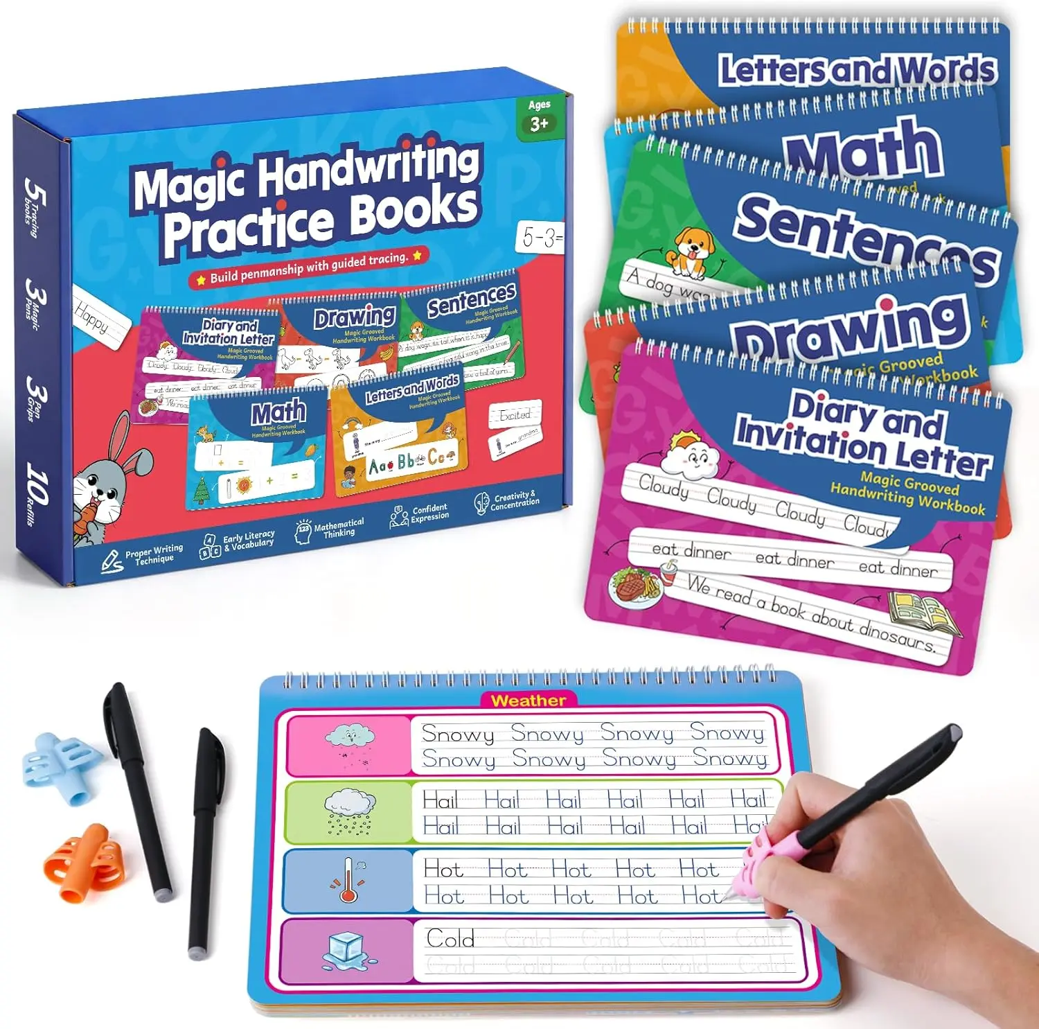 Handwriting Practice Books, Back to School Supplies, Learn-to-write, Include Word, Math, Paint, Large Tracing Preschool Books with Disappearing Ink, Learning Tools for Early  Education,
