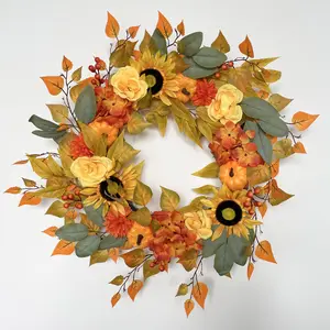 24Inch Fall Wreaths For Front Door, 1pcs Pumpkin Sunflower Large Wreath With Peonies Berries, Autumn Garlands For Outdoor Outside Indoor, Fall Decorations For Home Window Wall Farmhouse Holiday, Halloween Decorations, Christmas Decor