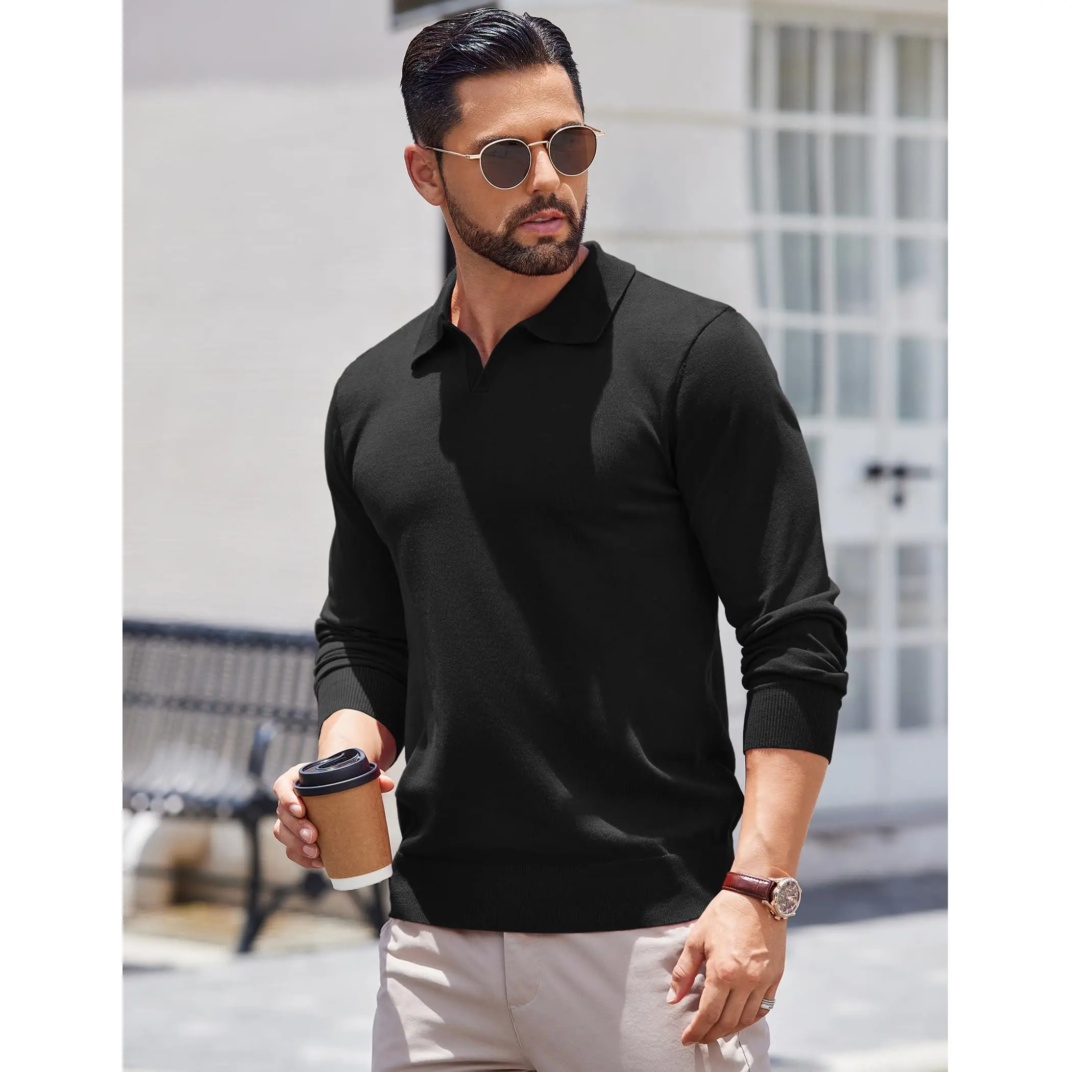 COOFANDY Men's Long Sleeve Knit Polo Shirt - Vintage Menswear Knitwear, Lightweight Ribbed Pullover, Golf-Ready, Premium Fabric, Elastic, Collared, Formal, Casual, Hem, Longsleeves, Sweater, Tops, Knitted, Soft, V-Neck, Dinner