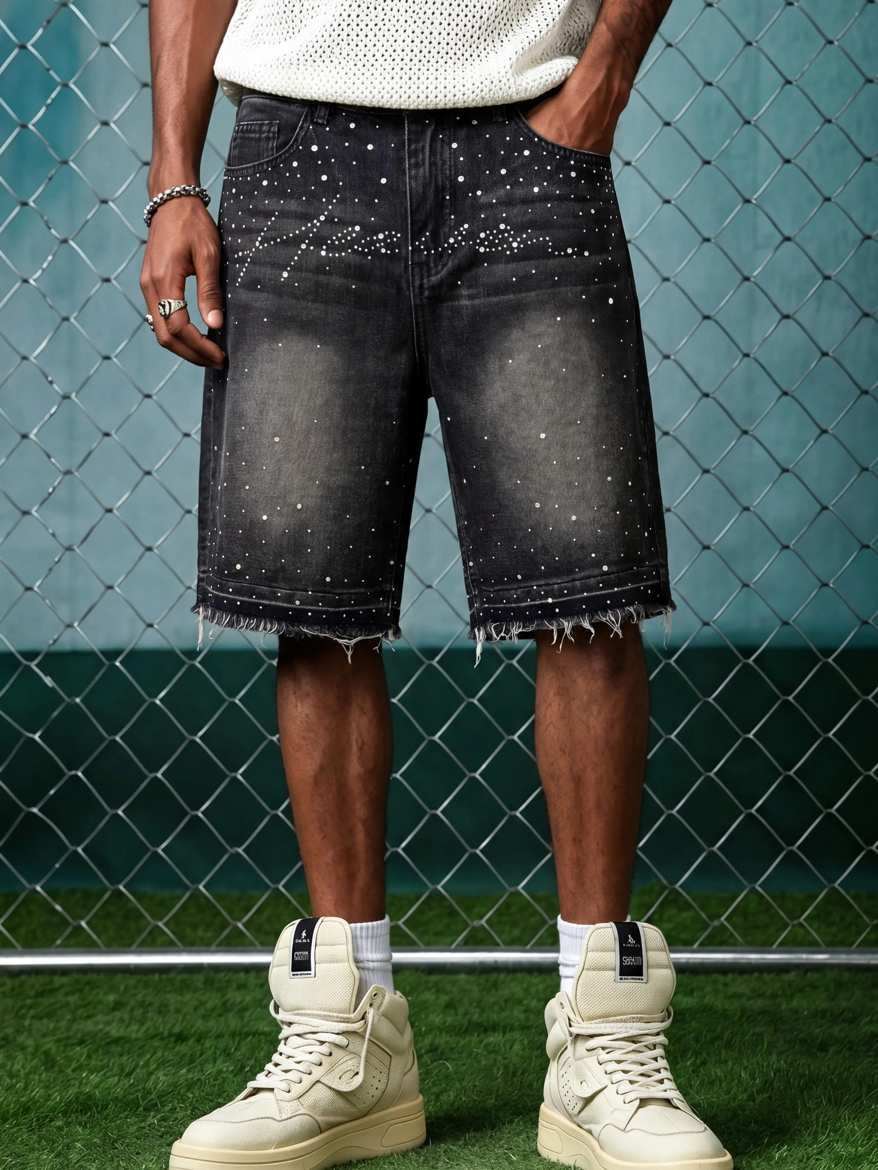 Men’s shiny rhinestone denim shorts, vintage washed distressed heat-applied rhinestones finish, Y2K street style, loose casual fit