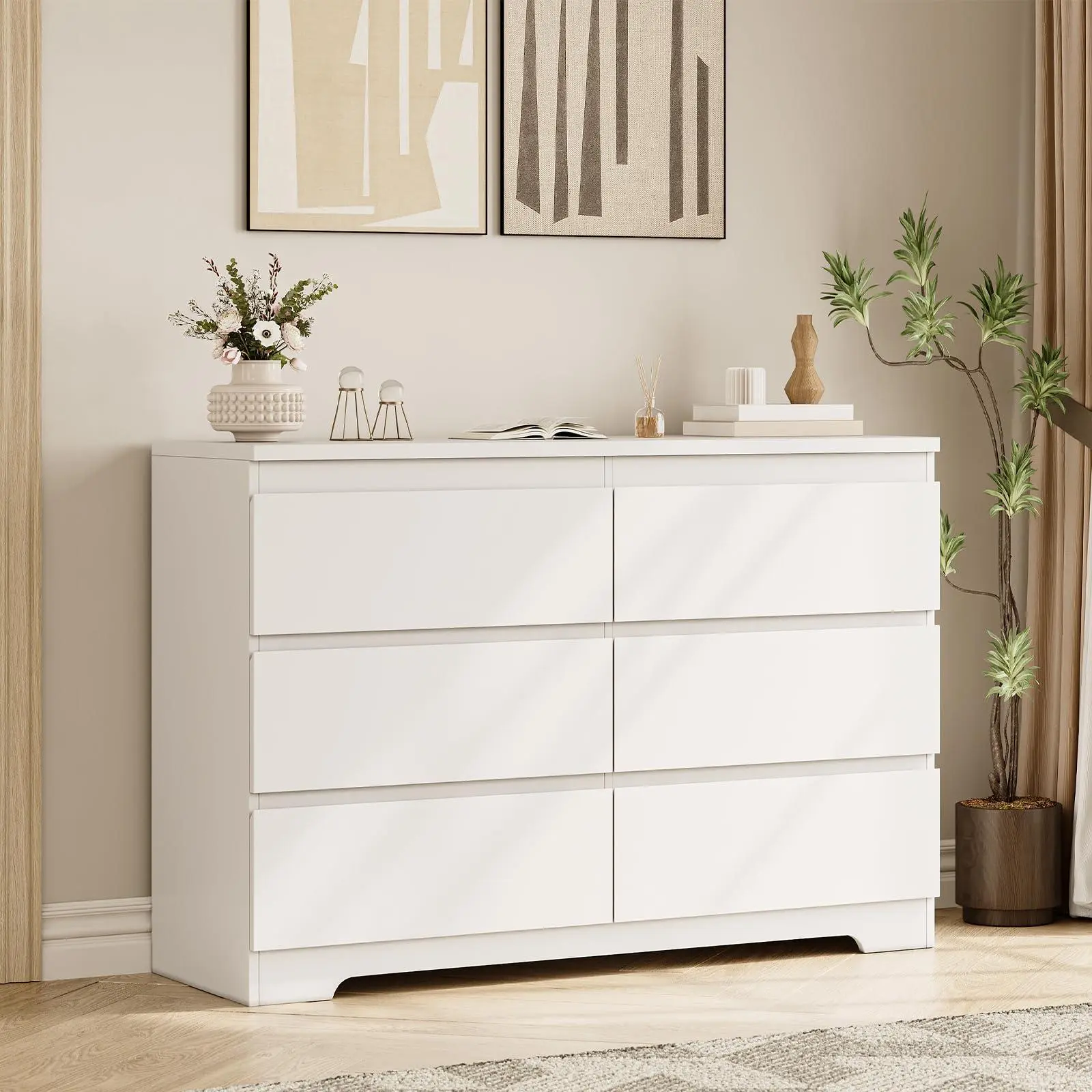 6-Drawer Modern Lacquered MDF Wood Drawer Chest - Clothing Storage Cabinet for Bedroom, Living Room, Minimalist Decluttering, Easy-Install Indoor Cupboard