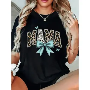 Women's Graphic T-Shirt - Leopard Print MAMA Design with Teal Bow & Butterflies, Short Sleeve Round Neck Casual Tee for Spring Summer Fall, Machine Washable, Ladies T Shirts, Comfortable Clothing, Bold Pr graphic tees