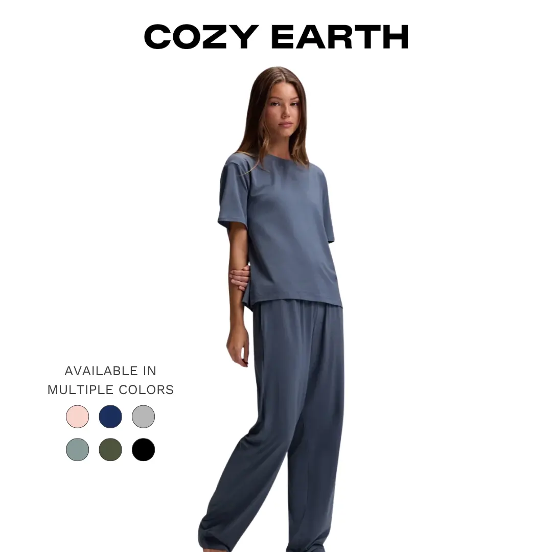 Cozy Earth Women’s First Layer Pajama Short Sleeve Tee & Pant Set | Ultra-Soft Bamboo Viscose Sleepwear Set Cotton Fabric