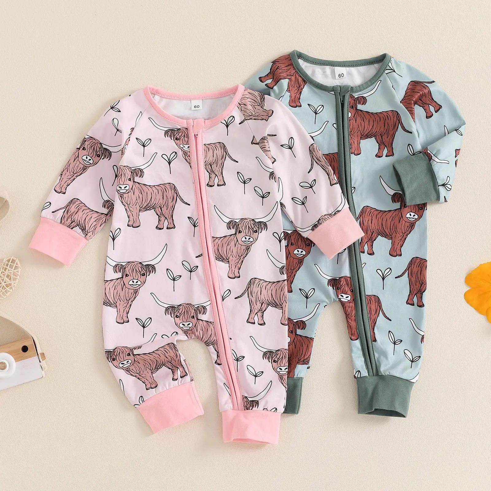 Country Baby Clothes Boy Girl Farm Animal Print Long Sleeve Romper Zipper  Jumpsuit Cute Fall Outfit